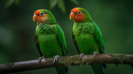 Fototapeta na wymiar Couple of bright contact parrots on the green background. Generative AI