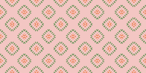 Vector ornamental seamless pattern. Elegant geometric ornament texture with small flower silhouettes, crosses, grid. Abstract floral background in summer colors. Repeat design for wallpaper, cloth © Olgastocker
