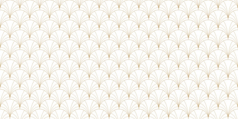 Golden art deco seamless pattern. Luxury gold and white vector geometric linear texture with curved lines, fish scale ornament, peacock pattern, grid. Elegant abstract background. Asian style design