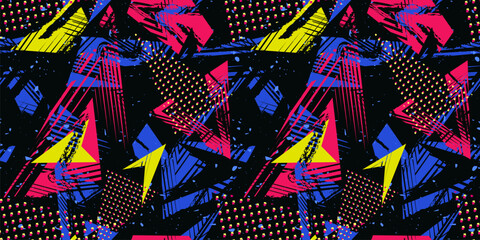 Abstract seamless sport pattern. Urban art vector grunge texture with neon lines, triangles, chaotic brush strokes, ink elements, dots. Colorful graffiti background. Black, blue, pink, yellow colors