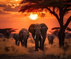 Elephants Roaming Across a Dry Grass Field. Generative AI