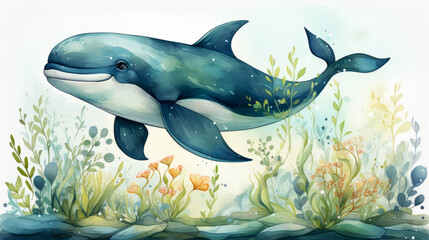 Obraz na płótnie Canvas Cute dolphin with sea plants in watercolor style