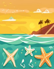 Fototapeta na wymiar Sunset on the sea with waves and sun rays. Vector illustration. Generative AI