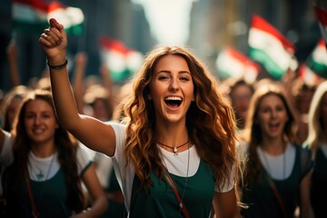 Naklejka premium People on the street celebrate the independence day of Hungary. Day of the Hungarian Revolution. Rally against political decisions. President elections. AI generation