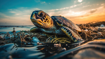 Fototapeta premium Endangered Sea Turtles and Impact of Human Waste