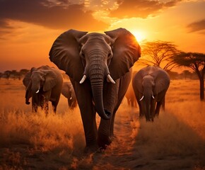 Elephants Roaming Across a Dry Grass Field. Generative AI