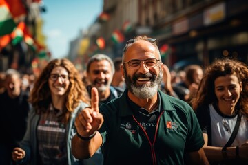 People on the street celebrate the Independence Day of Bulgaria. Rally against political decisions. President elections. AI generation - obrazy, fototapety, plakaty