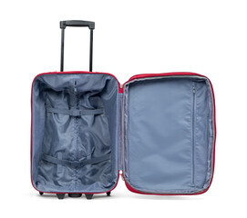 Empty and open red suitcase on wheels, isolated on a transparent background png. 