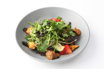 Salad with baked eggplant. Baked eggplant with arugula, tomatoes and cucumbers. Vegetarian menu. Plate on a white background.Isolated object. Space for copying.