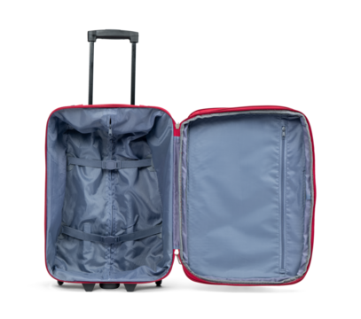Empty and open red suitcase on wheels, isolated on a transparent background png. 
