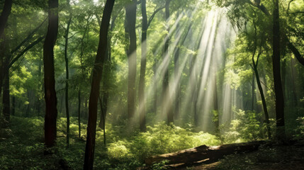 Naklejka premium Sunbeams Streaming through the Forest