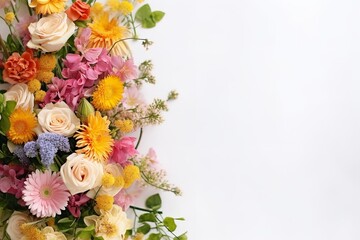 bouquet of wedding flowers on white background with space for text