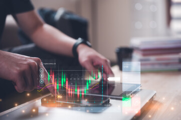 financial investment concept, businessman using smartphone  touching virtual trading graph buy and sell share in concept of investment business growth and marketing, cryptocurrency exchange platform