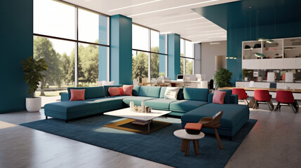 Office Space with Stylish Blue Couches
