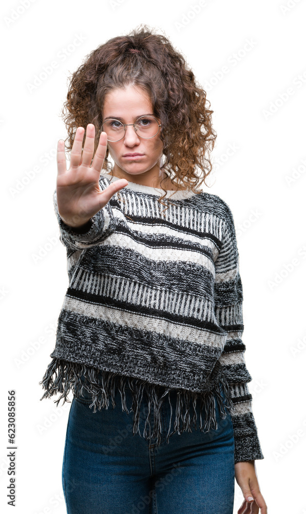 Poster beautiful brunette curly hair young girl wearing glasses over isolated background doing stop sing wi