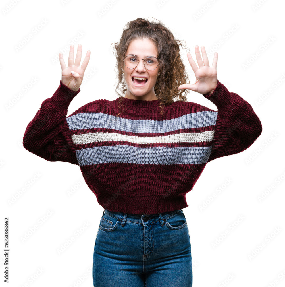 Poster beautiful brunette curly hair young girl wearing glasses over isolated background showing and pointi