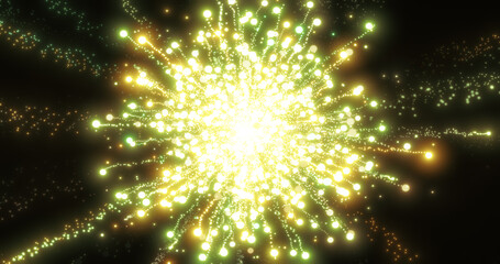 Abstract yellow energy fireworks particle salute magical bright glowing futuristic hi-tech with blur effect and bokeh background