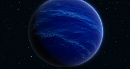 Abstract realistic space spinning planet round sphere with a blue water surface in space against the background of stars