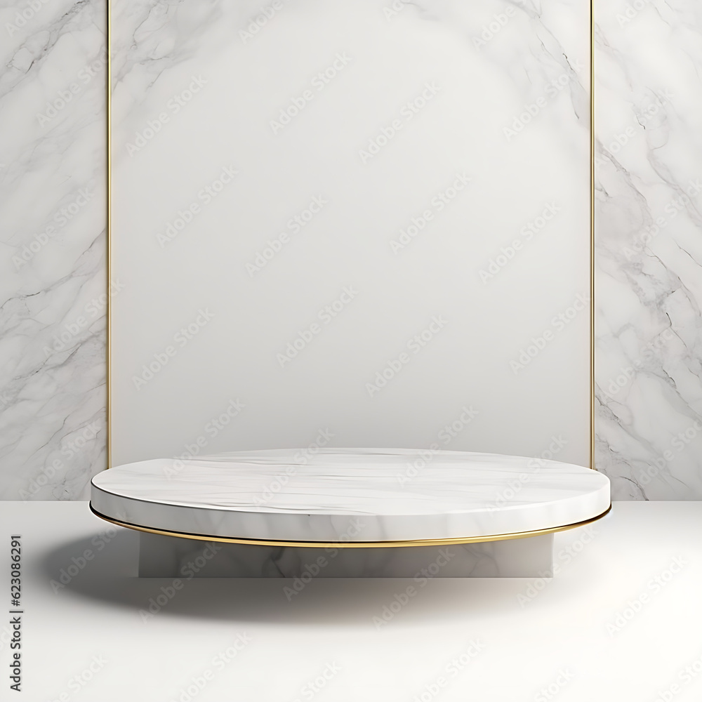 Poster 3d render empty space white marble texture podium. ai generative illustration. podium for product sh