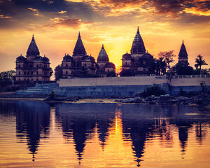 Vintage retro effect filtered hipster style image of Royal cenotaphs of Orchha over Betwa river. Orchha, Madhya Pradesh, India