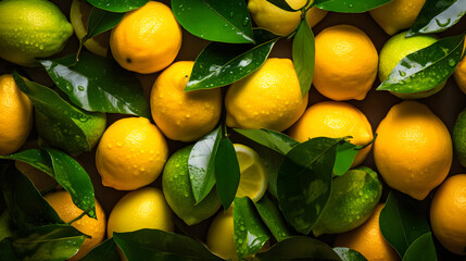 The pattern of lemons, top view, a few leaves, Perfect composition, water drops on the citrus