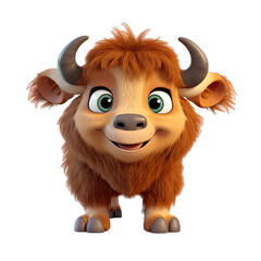 Cute Bison, 3d cartoon, Big eyes, friendly, no background