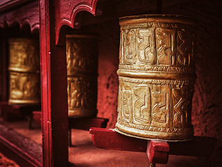 Vintage retro effect filtered hipster style image of Buddhist prayer wheels in Thiksey gompa (Tibetan buddhist monstery). Ladakh, India