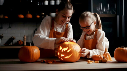 Family carving a halloween pumpkin in the kitchen, ai generated