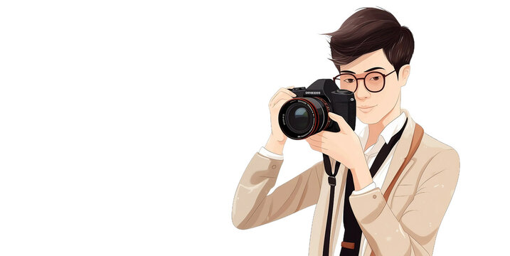 Young asian photographer taking photos with a professional camera, isolated on white background
