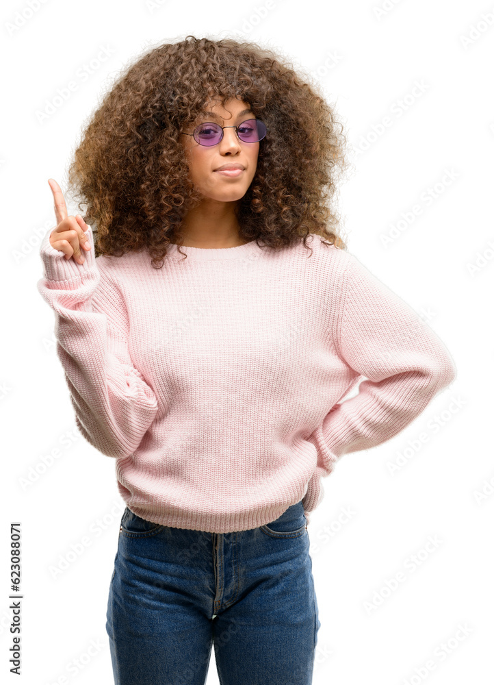 Poster african american woman wearing a pink sweater surprised with an idea or question pointing finger wit