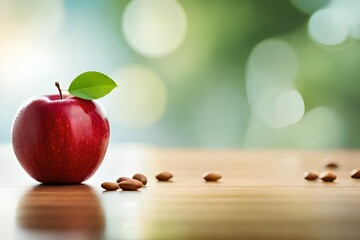 Juicy red apple with a leaf on a table in front of a green background with some seeds or nuts lying beside