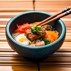 Bowl of bibimbap with fresh incredients or other asian dish including chopsticks on a wooden table