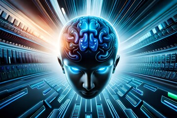 Floating head in a digital world, with brain cells depicting artificial intelligence or digitalisation