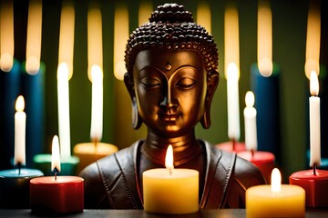 Buddha with candles in a dark room having closed eyes and meditating