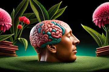 artficial head in a green and floral scenery with his brain shown to depict intelligence, insight and mindfulness, surrounded by books