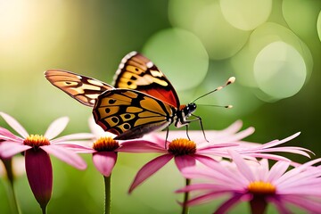 colorful butterfly on pink flowers in a green environment, detailed