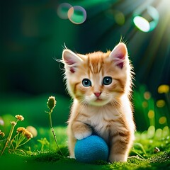 orange kitten playing with a blue ball in a lush green garden with plants and nice lighting