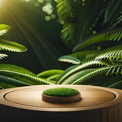mock-up for product presentation, green disc on a wooden plate with green leaves around it