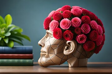 red flowers growing from an artificial head surrounded by plants and books