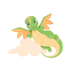 Cute green dragon flying on white background.