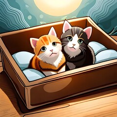 two different colored kittens in a comfy box on a table with calm lighting in cartoon style