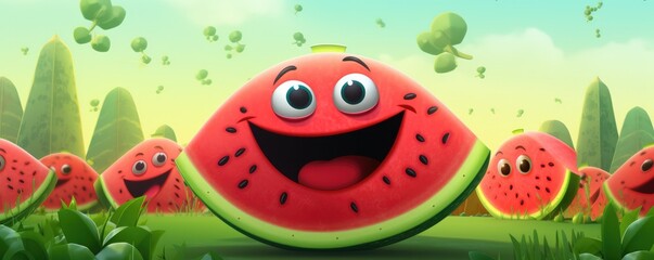 Fototapeta premium Happy red fresh watermelon with black seeds in, summer healthy food panorama. Generative Ai.