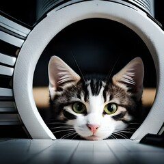 curious cat with green eyes looking through a hole into the camera