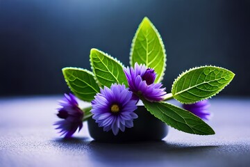 violet flowers with green leaves in a bowl on a table