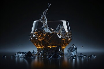a glass full of ice and whiskey, whiskey on the rocks