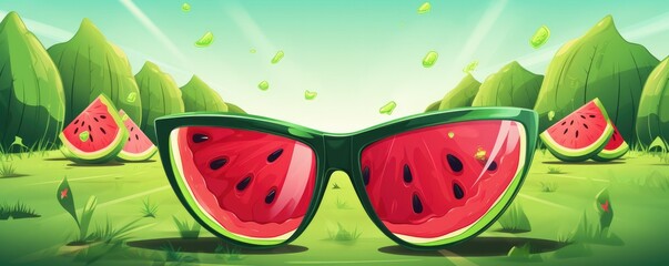 Fototapeta premium Texture of fresh red watermelon slicesin shape of glasses, panorama. of summer food. Generative Ai.