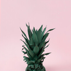 Green ripe pineapple close up on pink pastel background. Minimal fruit concept.