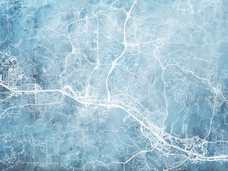 Illustration of a map of the city of  Thousand Oaks California in the United States of America with white roads on a icy blue frozen background.