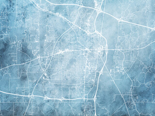 Illustration of a map of the city of  Tupelo Mississippi in the United States of America with white roads on a icy blue frozen background.