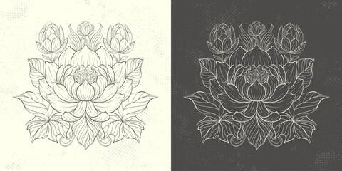 Floral lotus flower in art nouveau 1920-1930. Hand drawn lotus in a linear style with weaves of lines, leaves and lotus flowers.